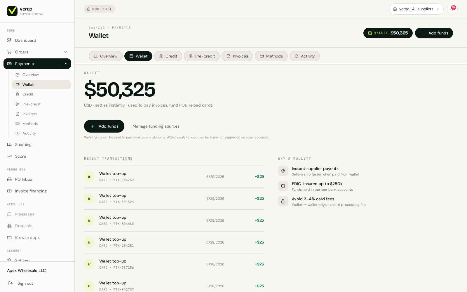 Buyer Wallet — balance, top-up, transfer