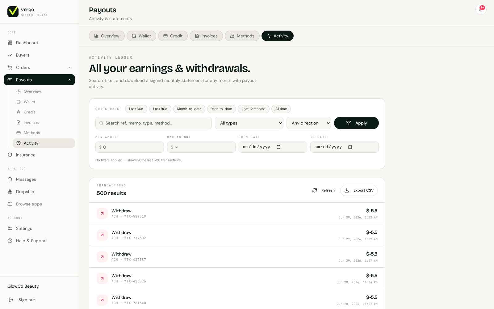 Verqo activity ledger — every action logged, every event auditable