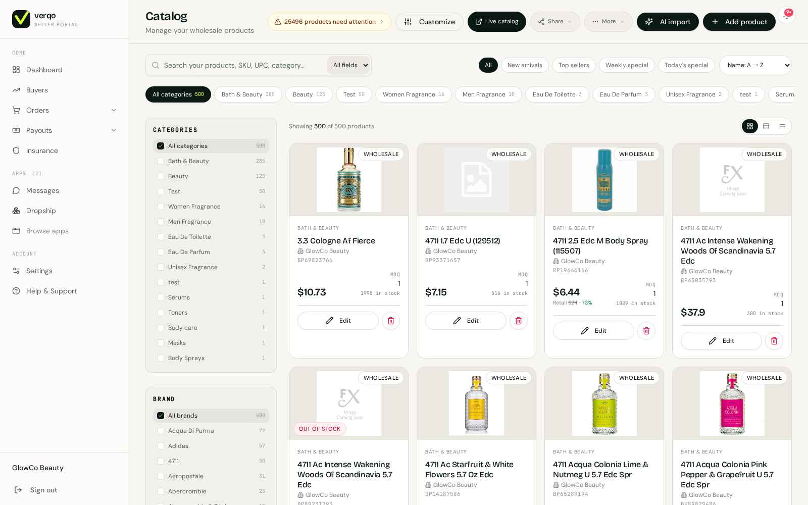 Seller catalog admin — 500 SKUs