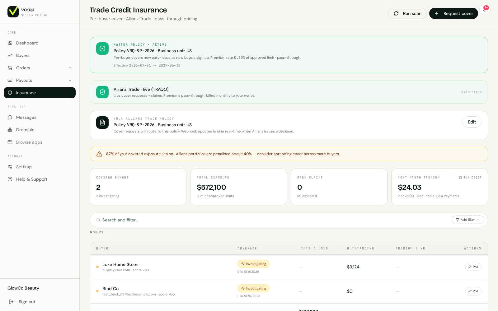 Verqo Insurance — coverage in-force on every invoice