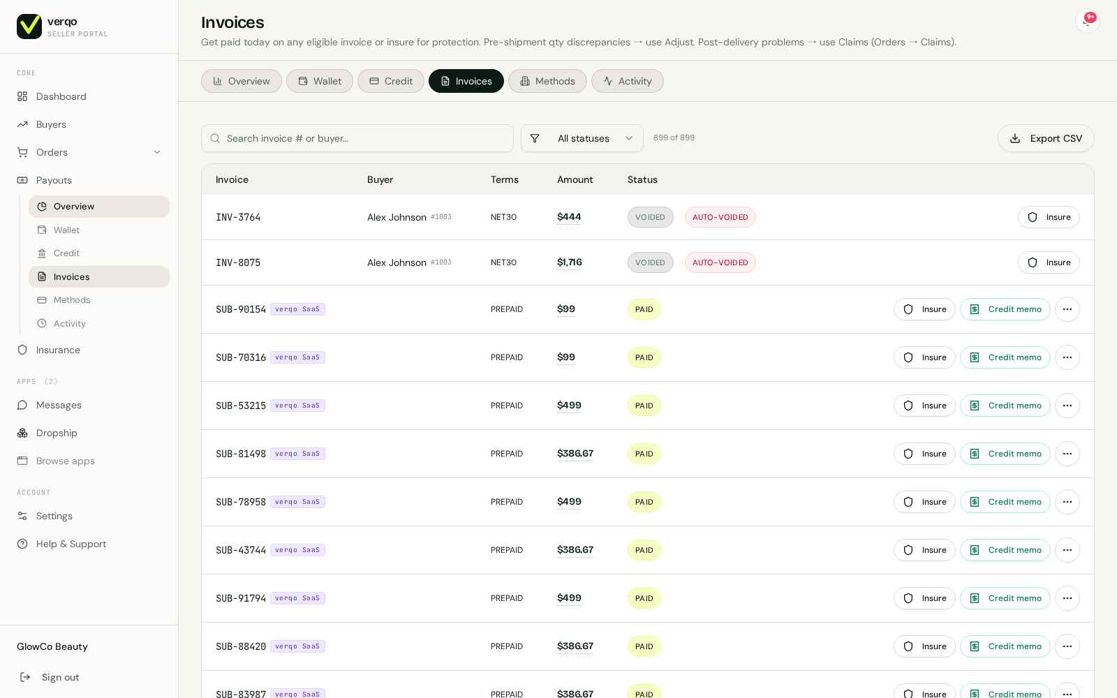 Invoices — 899 real invoices with terms, amounts, statuses
