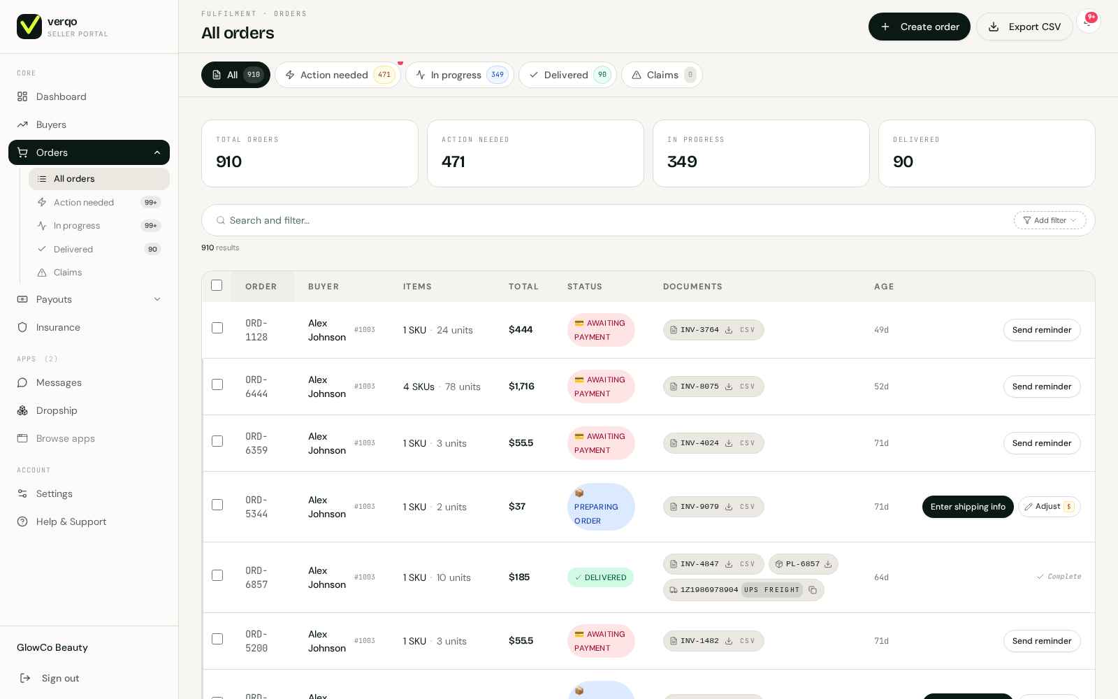 Orders — 910 across all statuses