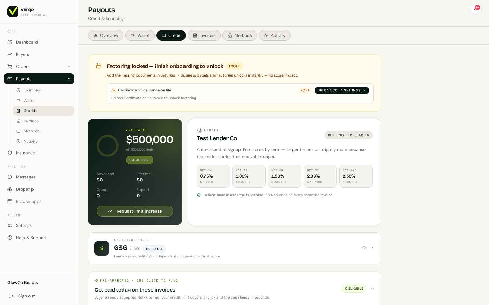 Credit + Insurance — every extended invoice is insured